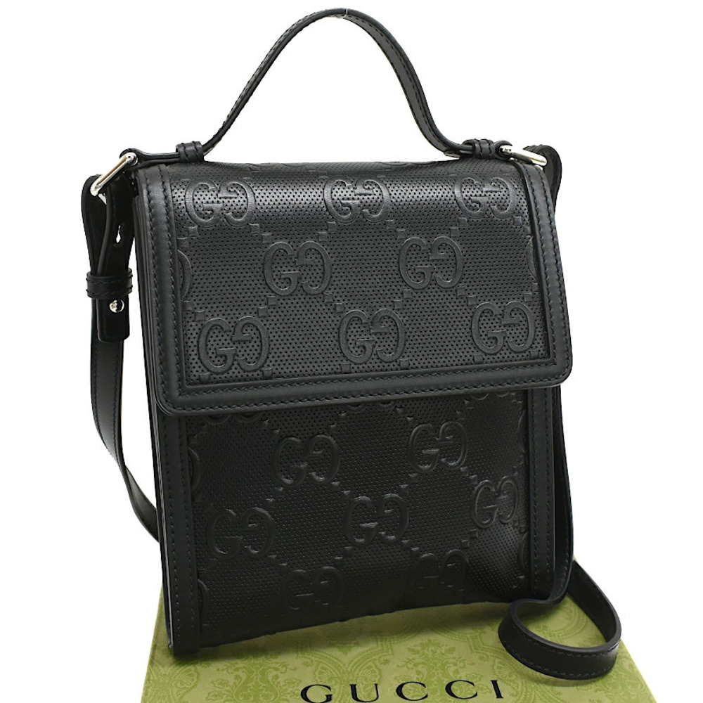 Gucci Crossbody Messenger Bag GG Embossed Leather Black